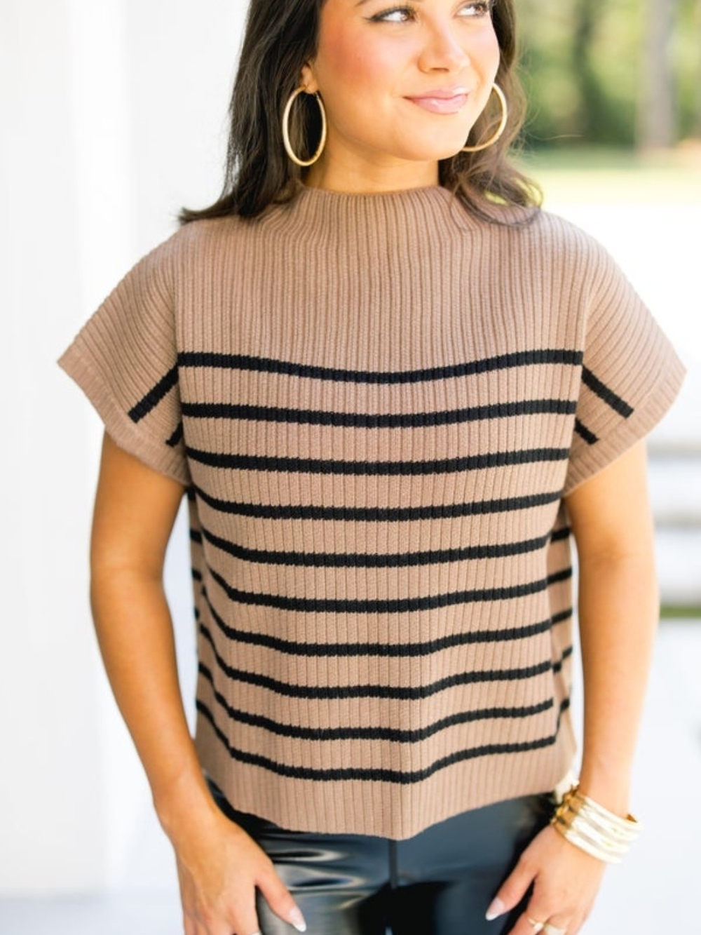 Blu Pepper Ribbed Short Sleeve Sweater in Taupe